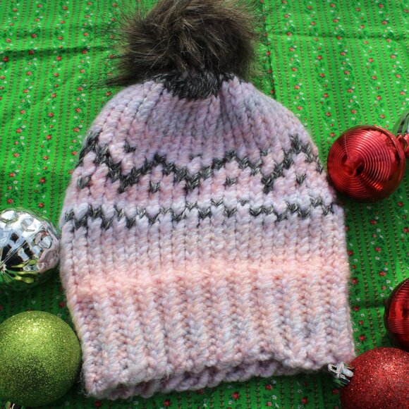 Winter Hand Knit Hat Pink Faire Isle Design Faux Fur PomPom - Picture 4 of 4